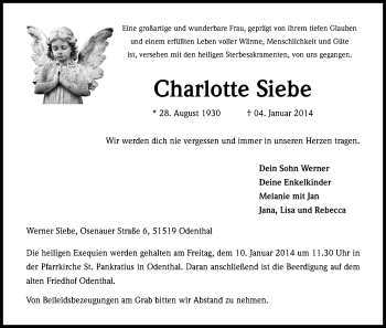 Anzeige von Charlotte Siebe von Kölner Stadt-Anzeiger / Kölnische Rundschau / Express