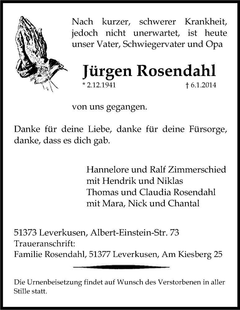  Traueranzeige für Jürgen Rosendahl vom 09.01.2014 aus Kölner Stadt-Anzeiger / Kölnische Rundschau / Express