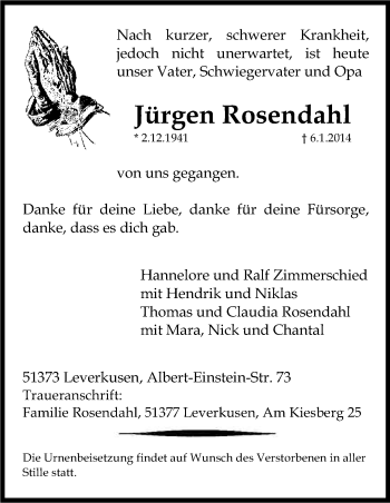 Anzeige von Jürgen Rosendahl von Kölner Stadt-Anzeiger / Kölnische Rundschau / Express