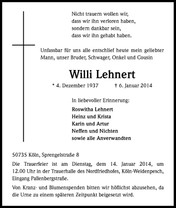 Anzeige von Willi Lehnert von Kölner Stadt-Anzeiger / Kölnische Rundschau / Express