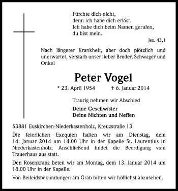Anzeige von Peter Vogel von Kölner Stadt-Anzeiger / Kölnische Rundschau / Express