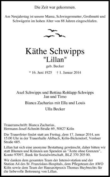 Anzeige von Käthe Schwipps von Kölner Stadt-Anzeiger / Kölnische Rundschau / Express