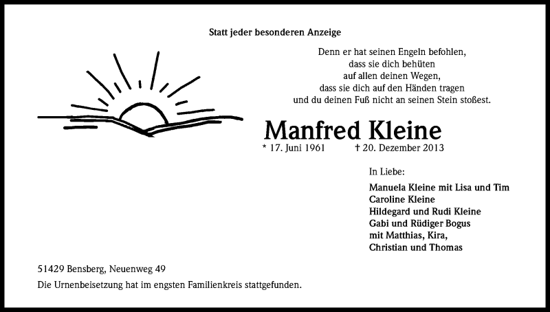  Traueranzeige für Manfred Kleine vom 11.01.2014 aus Kölner Stadt-Anzeiger / Kölnische Rundschau / Express