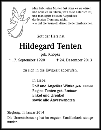 Anzeige von Hildegard Tenten von Kölner Stadt-Anzeiger / Kölnische Rundschau / Express