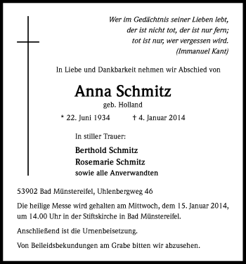 Anzeige von Anna Schmitz von Kölner Stadt-Anzeiger / Kölnische Rundschau / Express