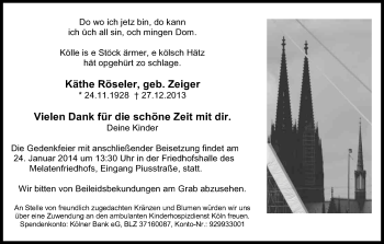Anzeige von Käthe Röseler von Kölner Stadt-Anzeiger / Kölnische Rundschau / Express
