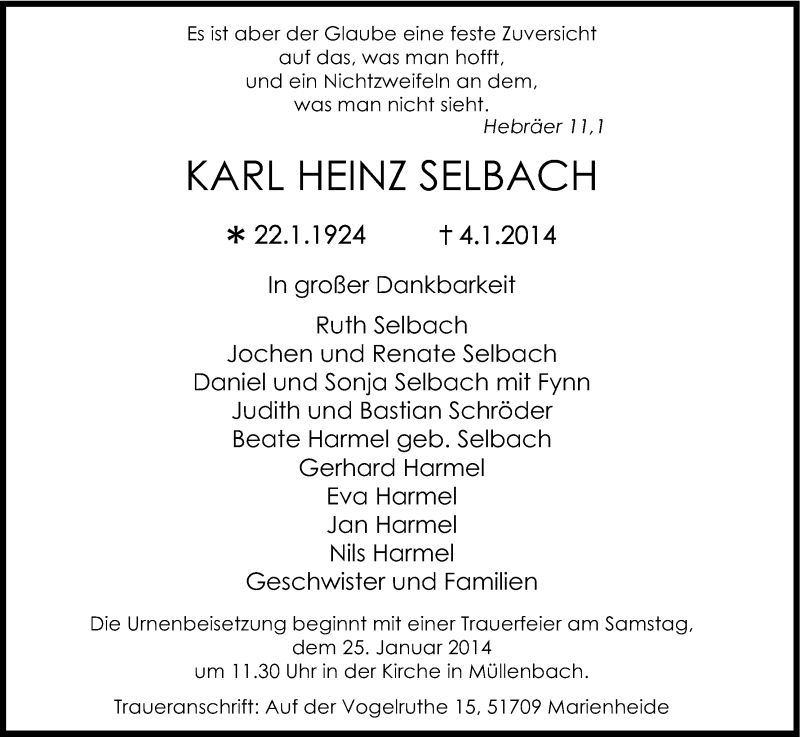  Traueranzeige für Karl Heinz Selbach vom 09.01.2014 aus Kölner Stadt-Anzeiger / Kölnische Rundschau / Express