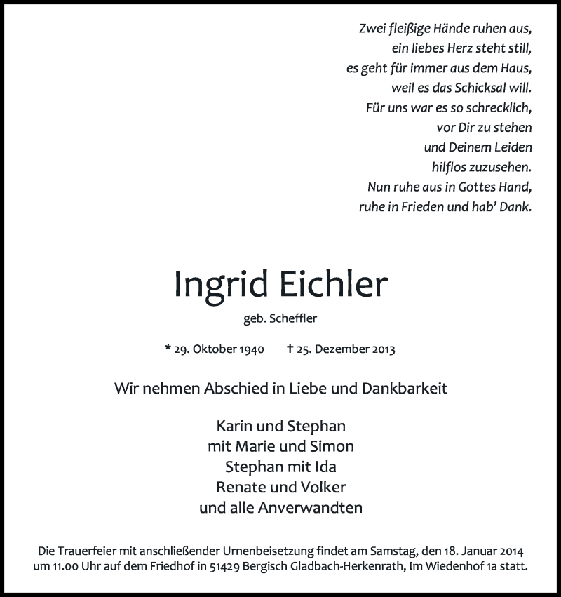  Traueranzeige für Ingrid Eichler vom 11.01.2014 aus Kölner Stadt-Anzeiger / Kölnische Rundschau / Express