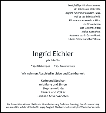 Anzeige von Ingrid Eichler von Kölner Stadt-Anzeiger / Kölnische Rundschau / Express