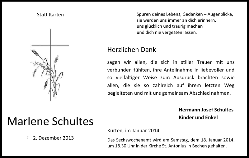  Traueranzeige für Marlene Schultes vom 11.01.2014 aus Kölner Stadt-Anzeiger / Kölnische Rundschau / Express
