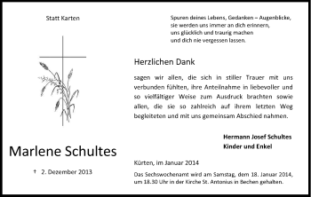Anzeige von Marlene Schultes von Kölner Stadt-Anzeiger / Kölnische Rundschau / Express