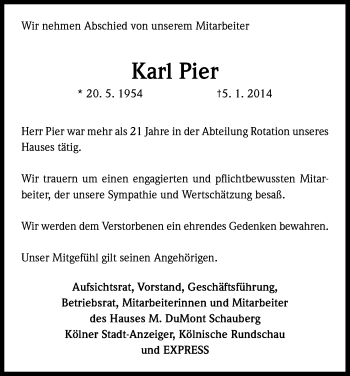 Anzeige von Karl Pier von Kölner Stadt-Anzeiger / Kölnische Rundschau / Express
