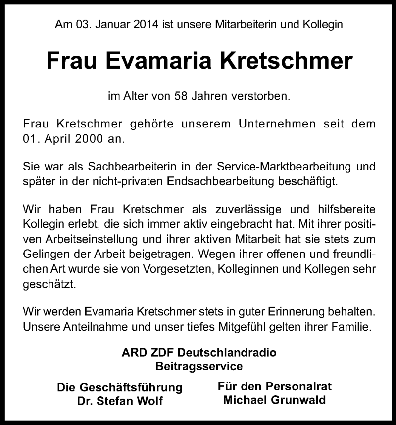  Traueranzeige für Evamaria Kretschmer vom 09.01.2014 aus Kölner Stadt-Anzeiger / Kölnische Rundschau / Express