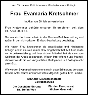 Anzeige von Evamaria Kretschmer von Kölner Stadt-Anzeiger / Kölnische Rundschau / Express
