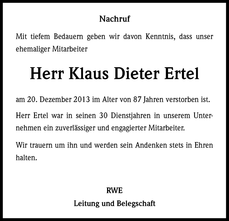  Traueranzeige für Klaus Dieter Ertel vom 09.01.2014 aus Kölner Stadt-Anzeiger / Kölnische Rundschau / Express
