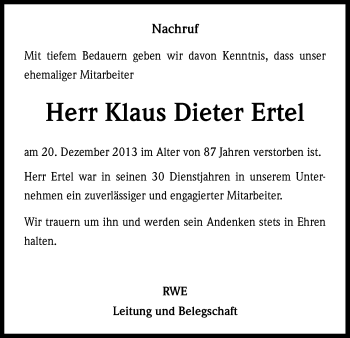 Anzeige von Klaus Dieter Ertel von Kölner Stadt-Anzeiger / Kölnische Rundschau / Express