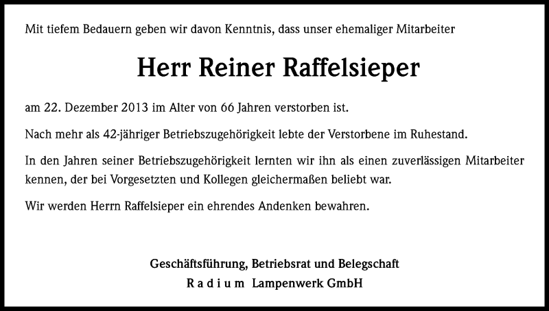  Traueranzeige für Reiner Raffelsieper vom 09.01.2014 aus Kölner Stadt-Anzeiger / Kölnische Rundschau / Express