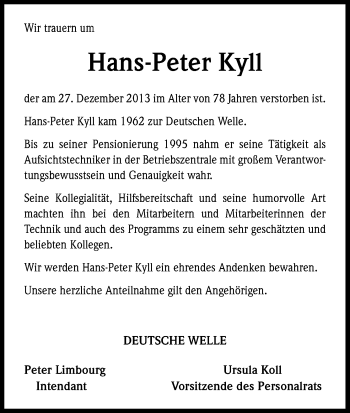 Anzeige von Hans-Peter Kyll von Kölner Stadt-Anzeiger / Kölnische Rundschau / Express