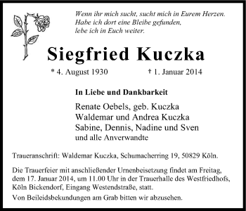 Anzeige von Sigfried Kuczka von Kölner Stadt-Anzeiger / Kölnische Rundschau / Express