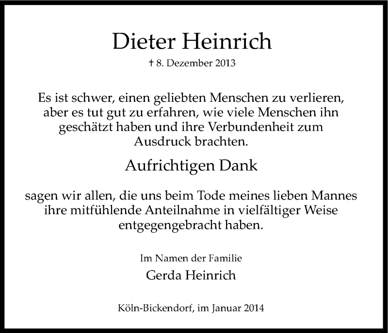  Traueranzeige für Dieter Heinrich vom 11.01.2014 aus Kölner Stadt-Anzeiger / Kölnische Rundschau / Express