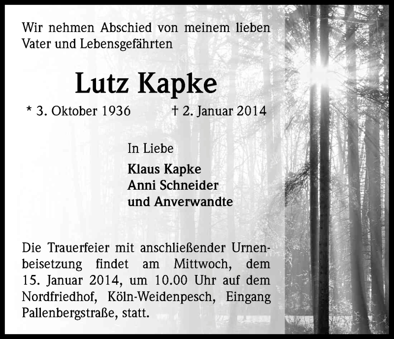  Traueranzeige für Lutz Kapke vom 11.01.2014 aus Kölner Stadt-Anzeiger / Kölnische Rundschau / Express