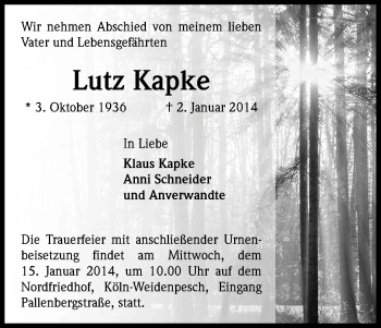 Anzeige von Lutz Kapke von Kölner Stadt-Anzeiger / Kölnische Rundschau / Express