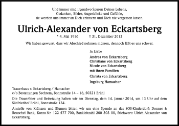 Anzeige von Ulrich-Alexander von Eckartsberg von Kölner Stadt-Anzeiger / Kölnische Rundschau / Express