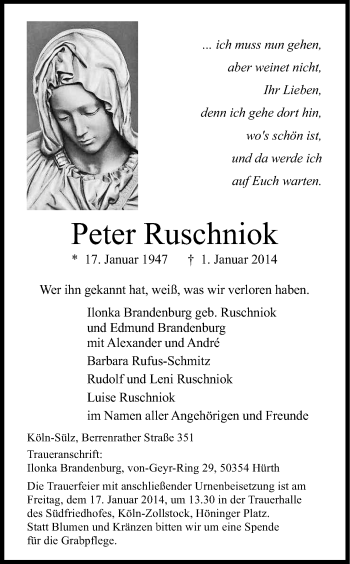 Anzeige von Peter Ruschniok von Kölner Stadt-Anzeiger / Kölnische Rundschau / Express