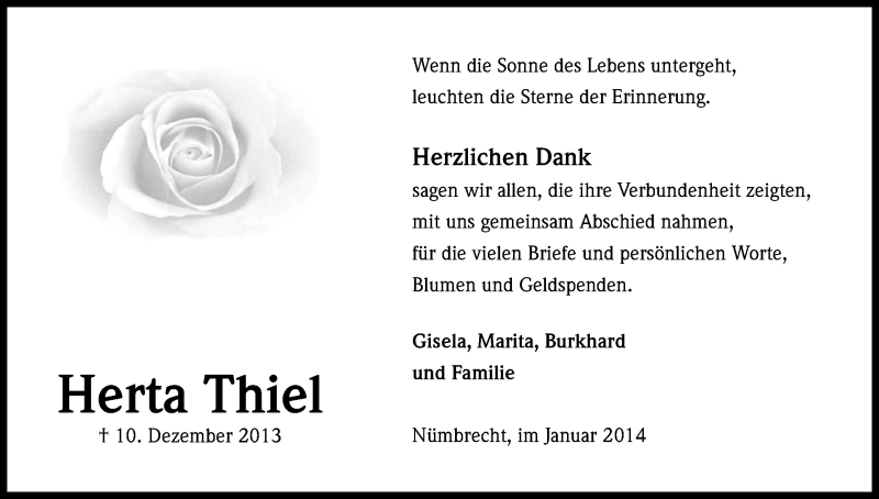  Traueranzeige für Herta Thiel vom 11.01.2014 aus Kölner Stadt-Anzeiger / Kölnische Rundschau / Express
