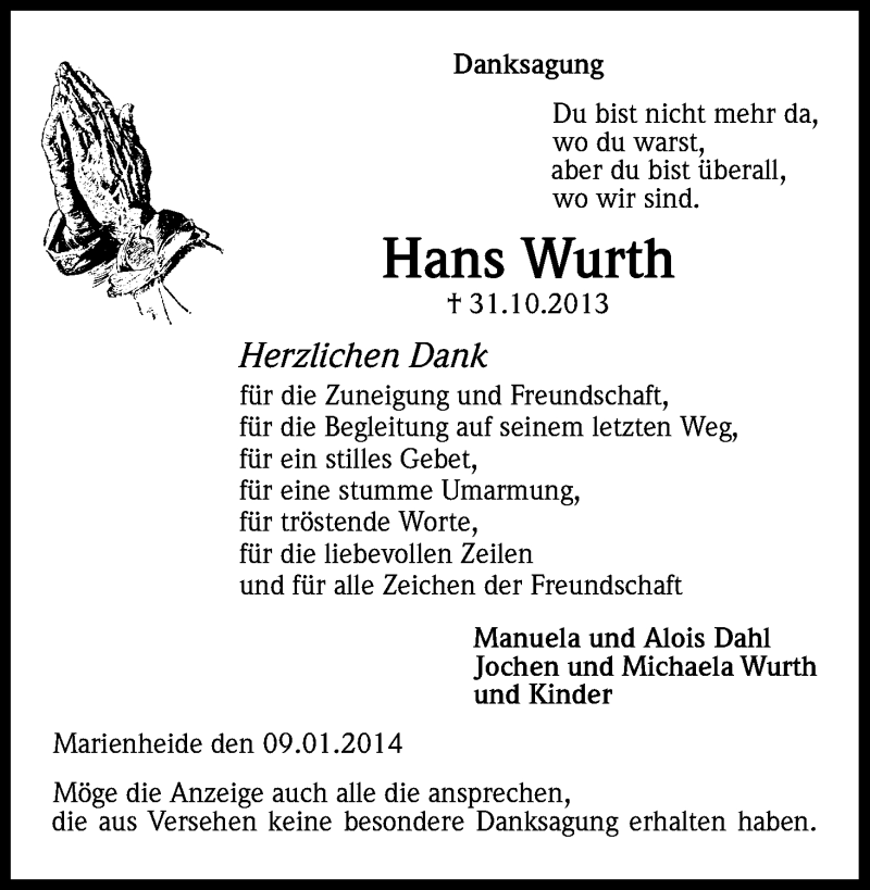  Traueranzeige für Hans Wurth vom 09.01.2014 aus Kölner Stadt-Anzeiger / Kölnische Rundschau / Express