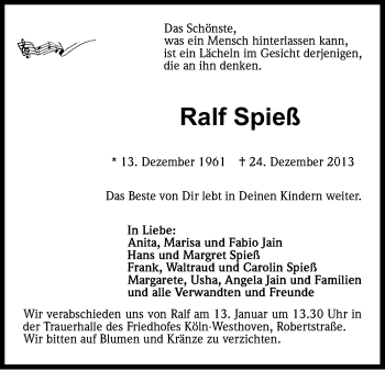 Anzeige von Ralf Spiess von Kölner Stadt-Anzeiger / Kölnische Rundschau / Express