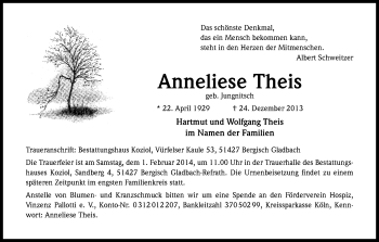 Anzeige von Anneliese Theis von Kölner Stadt-Anzeiger / Kölnische Rundschau / Express