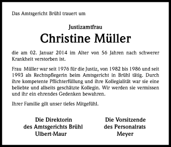 Anzeige von Christine Müller von Kölner Stadt-Anzeiger / Kölnische Rundschau / Express