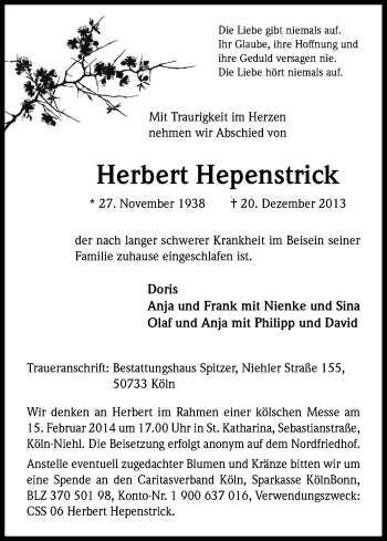 Anzeige von Herbert Hepenstrick von Kölner Stadt-Anzeiger / Kölnische Rundschau / Express