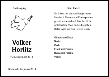 Anzeige von Volker Horlitz von Kölner Stadt-Anzeiger / Kölnische Rundschau / Express