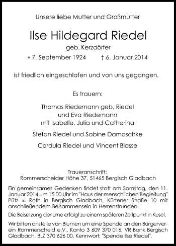 Anzeige von Ilse Hildegard Riedel von Kölner Stadt-Anzeiger / Kölnische Rundschau / Express