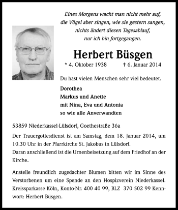 Anzeige von Herbert Büsgen von Kölner Stadt-Anzeiger / Kölnische Rundschau / Express
