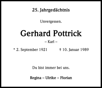Anzeige von Gerhard Pottrick von Kölner Stadt-Anzeiger / Kölnische Rundschau / Express