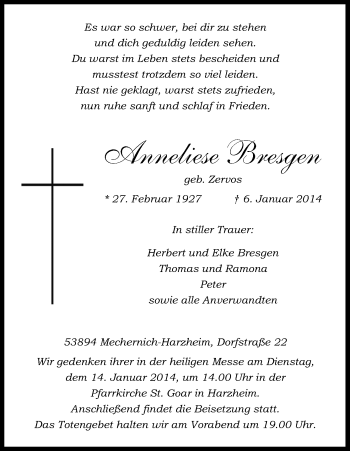 Anzeige von Anneliese Bresgen von Kölner Stadt-Anzeiger / Kölnische Rundschau / Express