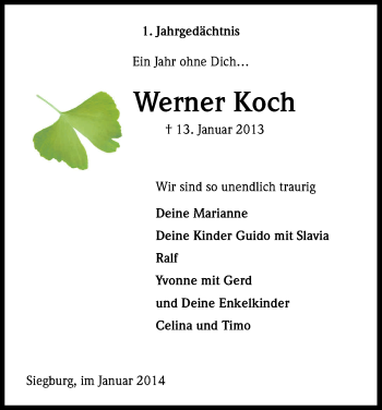 Anzeige von Werner Koch von Kölner Stadt-Anzeiger / Kölnische Rundschau / Express