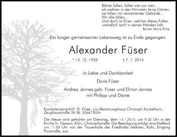 Anzeige von Alexander Füser von Kölner Stadt-Anzeiger / Kölnische Rundschau / Express