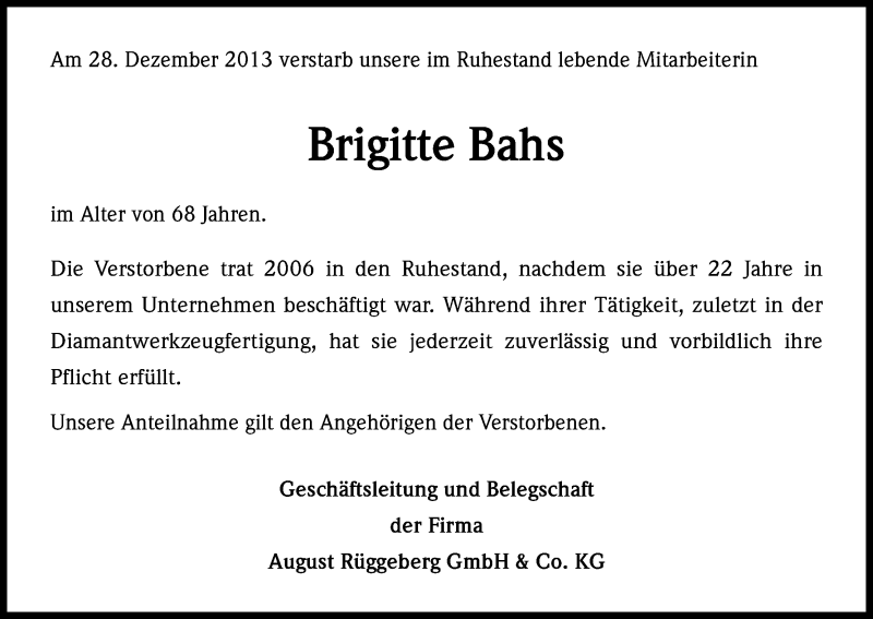  Traueranzeige für Brigitte Bahs vom 09.01.2014 aus Kölner Stadt-Anzeiger / Kölnische Rundschau / Express