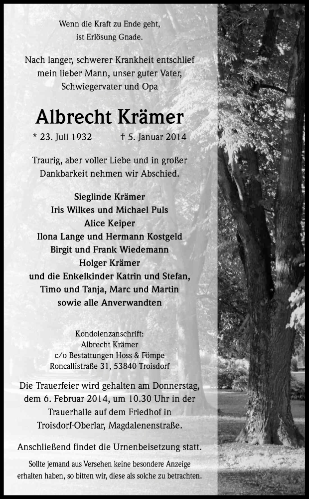  Traueranzeige für Albrecht Krämer vom 11.01.2014 aus Kölner Stadt-Anzeiger / Kölnische Rundschau / Express