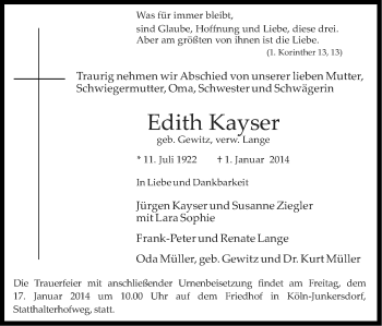 Anzeige von Edith Kayser von Kölner Stadt-Anzeiger / Kölnische Rundschau / Express