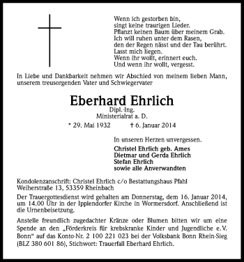 Anzeige von Eberhard Ehrlich von Kölner Stadt-Anzeiger / Kölnische Rundschau / Express