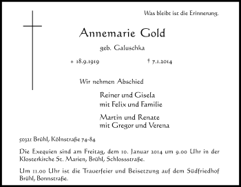 Anzeige von Annemarie Gold von Kölner Stadt-Anzeiger / Kölnische Rundschau / Express
