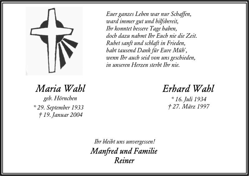  Traueranzeige für Maria und Erhard Wahl vom 18.01.2014 aus Kölner Stadt-Anzeiger / Kölnische Rundschau / Express