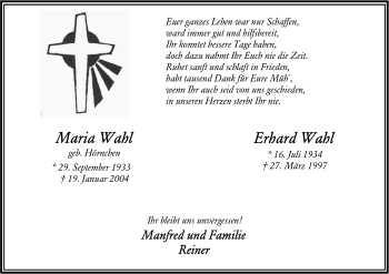 Anzeige von Maria und Erhard Wahl von Kölner Stadt-Anzeiger / Kölnische Rundschau / Express