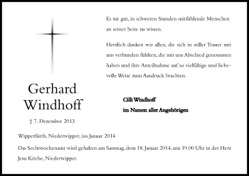 Anzeige von Gerhard Windhoff von Kölner Stadt-Anzeiger / Kölnische Rundschau / Express