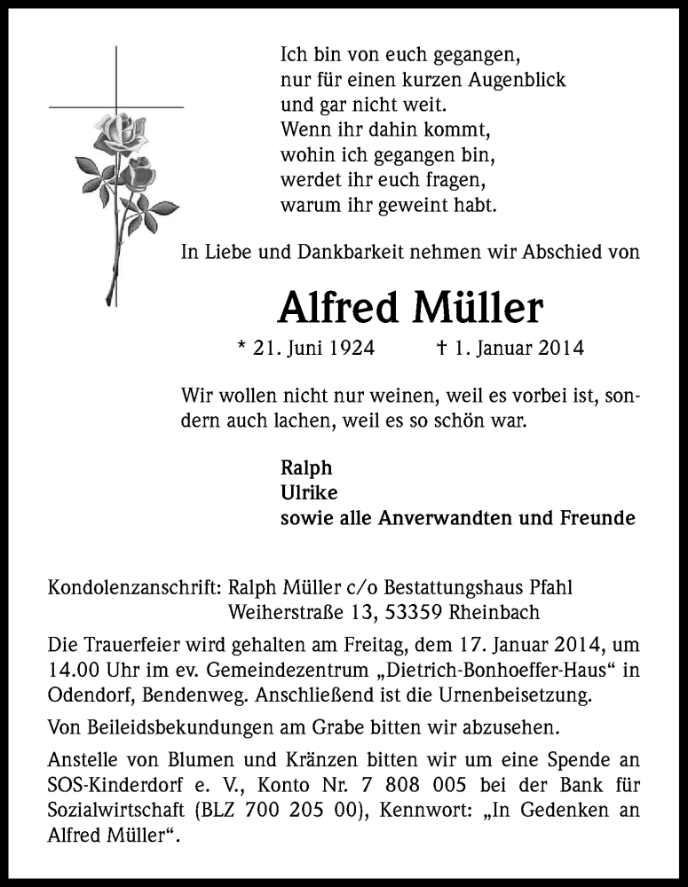  Traueranzeige für Alfred Müller vom 11.01.2014 aus Kölner Stadt-Anzeiger / Kölnische Rundschau / Express